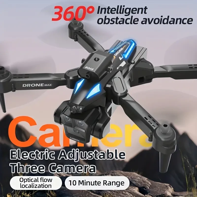 Minidron cuadricóptero plegable C10 con 3 cámaras ajustables: helicóptero de control remoto con vuelo estacionario automático para adultos con función de evasión inteligente.