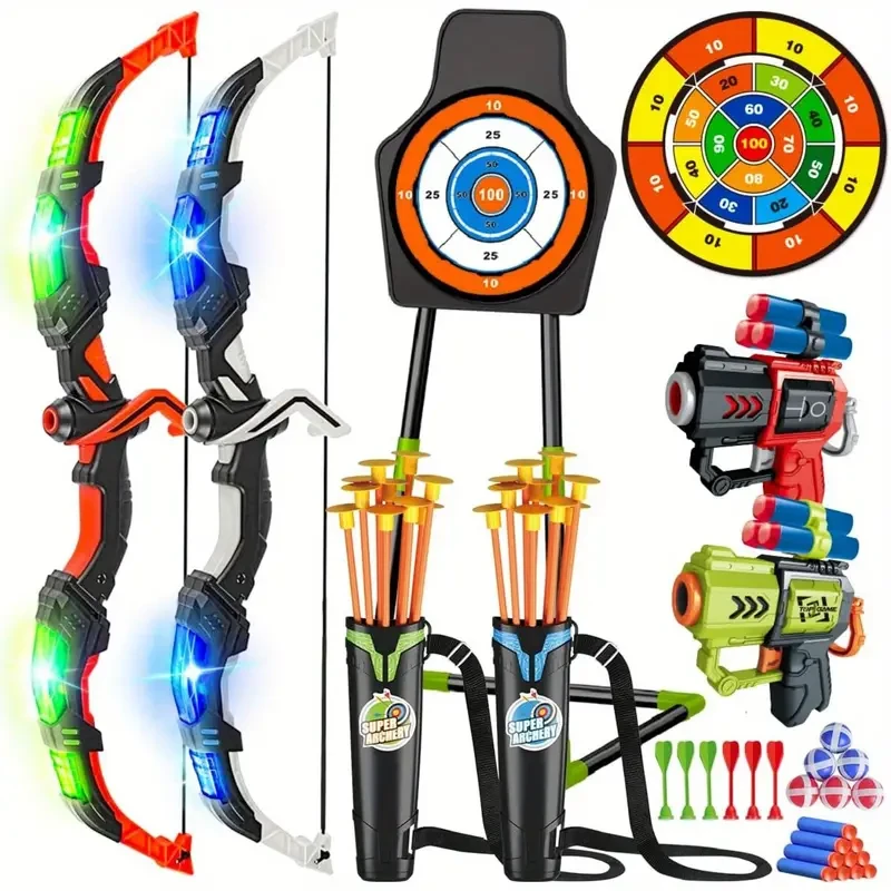 VATOS - Paquete de 2 arcos y flechas de juguete para niños y niñas de 5, 6, 7, 8, 9, 10 y 11 años, juguete de tiro con arco iluminado con ventosa y diana de 73 cm, juguetes para actividades de interior y exterior, cumpleaños