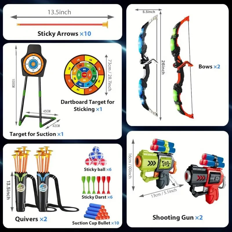 VATOS - Paquete de 2 arcos y flechas de juguete para niños y niñas de 5, 6, 7, 8, 9, 10 y 11 años, juguete de tiro con arco iluminado con ventosa y diana de 73 cm, juguetes para actividades de interior y exterior, cumpleaños
