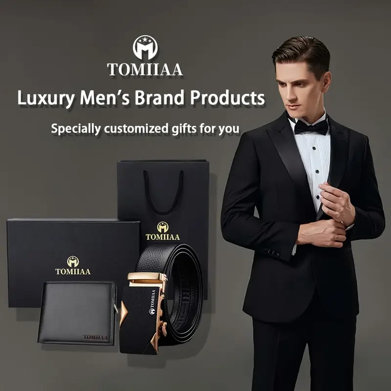 Juego de 2 cinturones de cuero genuino TOMIIAA para hombre, con hebilla automática, estilo informal de negocios y billetera de alta calidad.