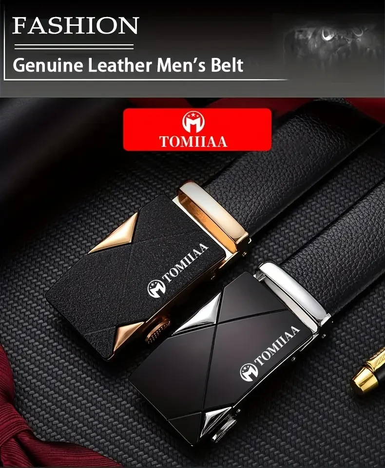 Juego de 2 cinturones de cuero genuino TOMIIAA para hombre, con hebilla automática, estilo informal de negocios y billetera de alta calidad.