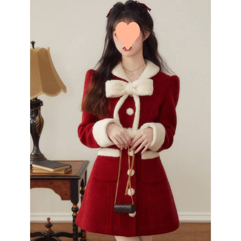 Abrigo de lana rojo de invierno para mujer para Navidad y Año Nuevo