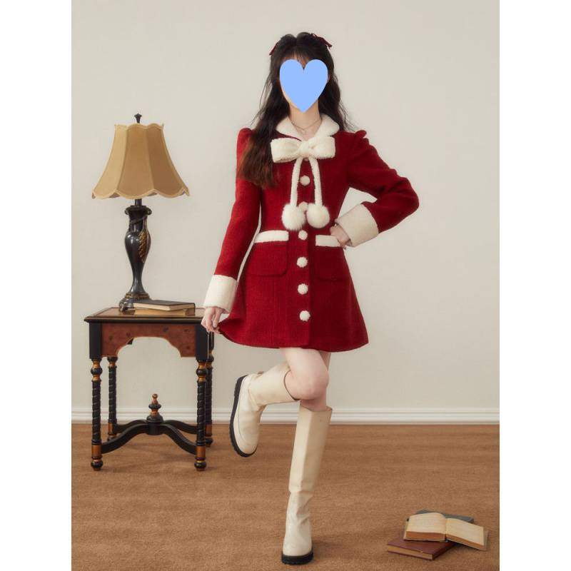 Abrigo de lana rojo de invierno para mujer para Navidad y Año Nuevo