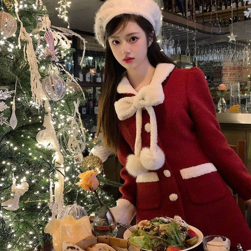 Abrigo de lana rojo de invierno para mujer para Navidad y Año Nuevo