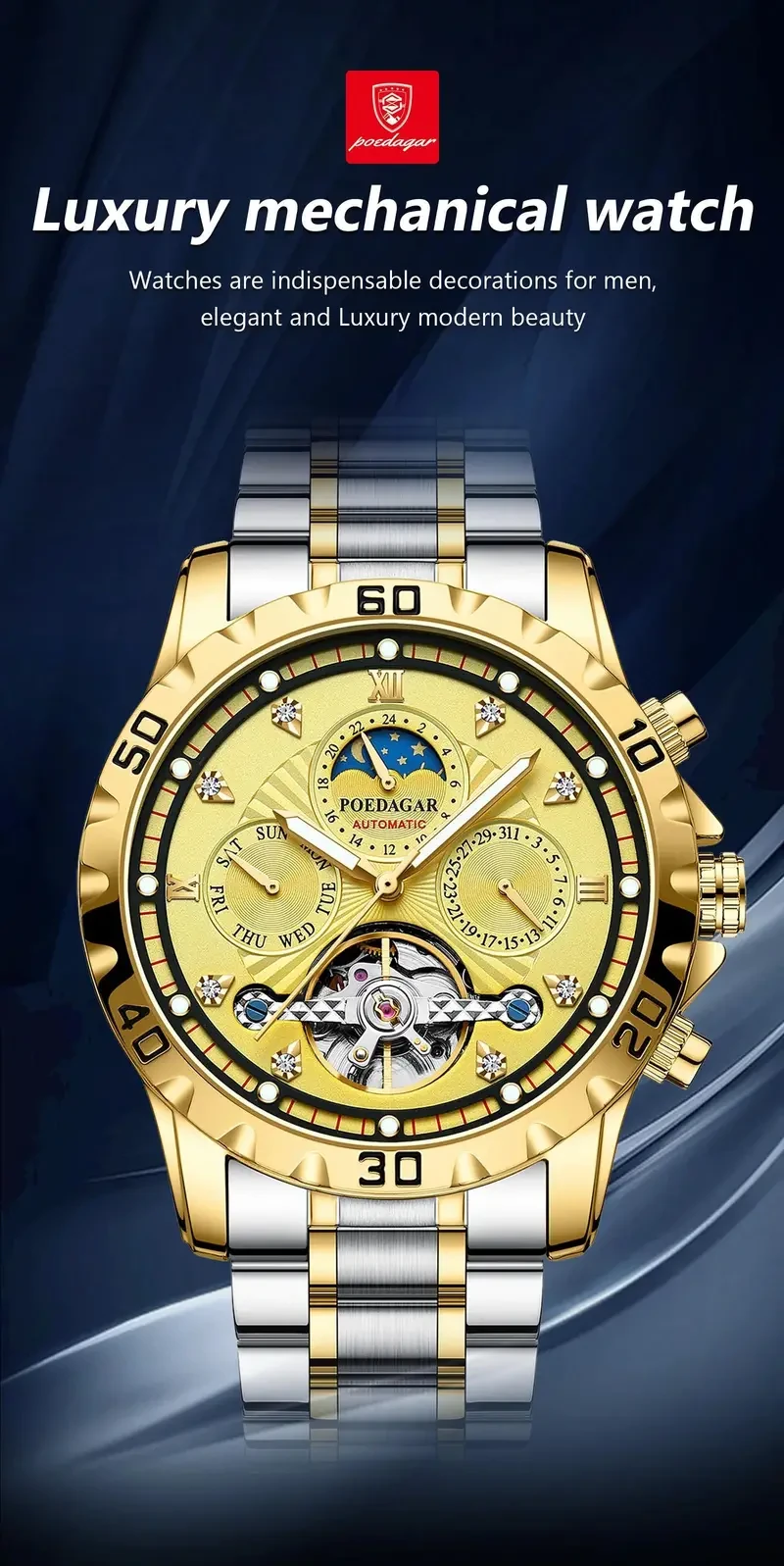 POEDAGAR Reloj mecánico automático de lujo Tourbillon Impermeable Luminoso Fecha Semana Reloj de pulsera para hombre Relojes de acero inoxidable para hombre