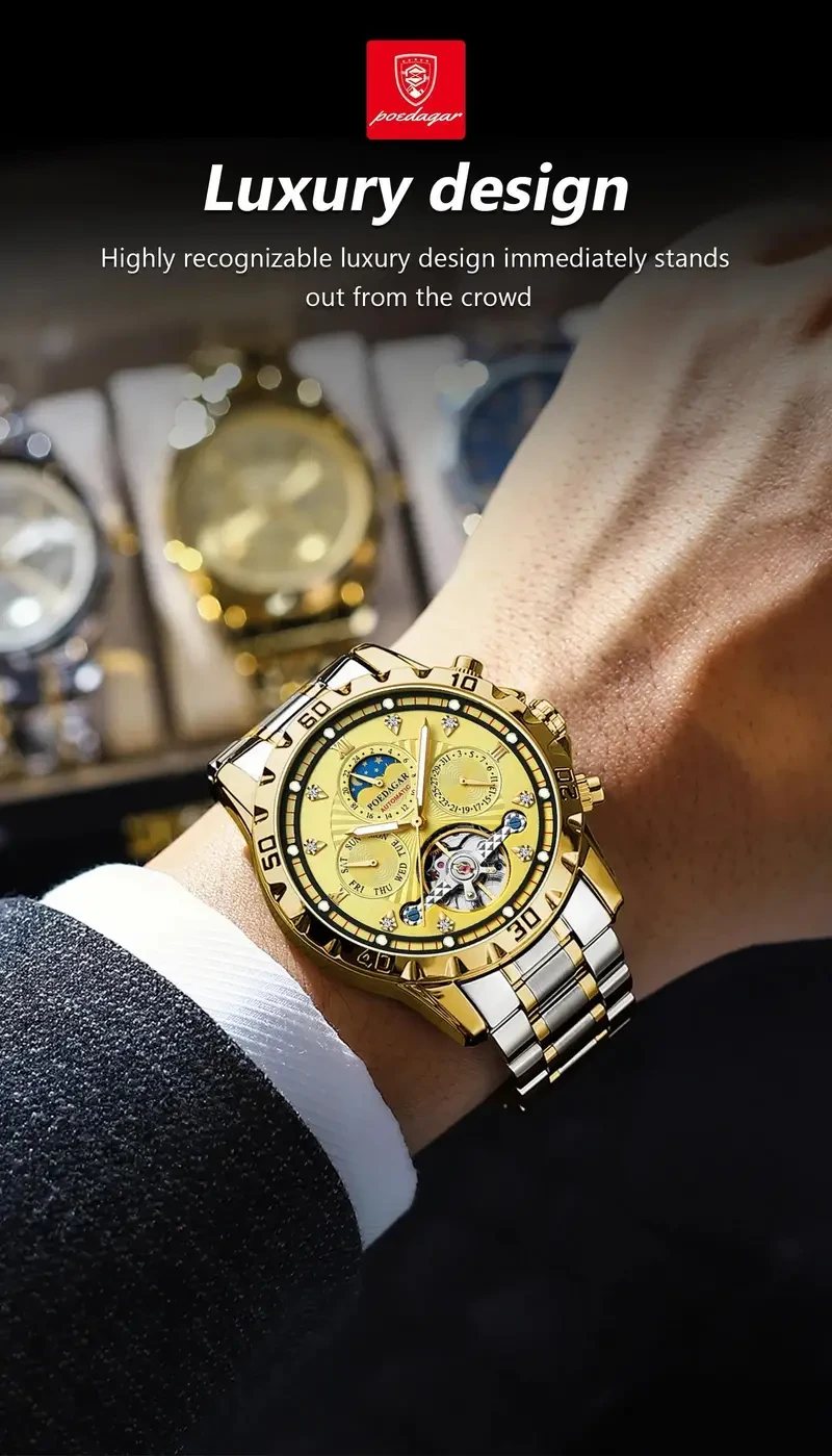 POEDAGAR Reloj mecánico automático de lujo Tourbillon Impermeable Luminoso Fecha Semana Reloj de pulsera para hombre Relojes de acero inoxidable para hombre