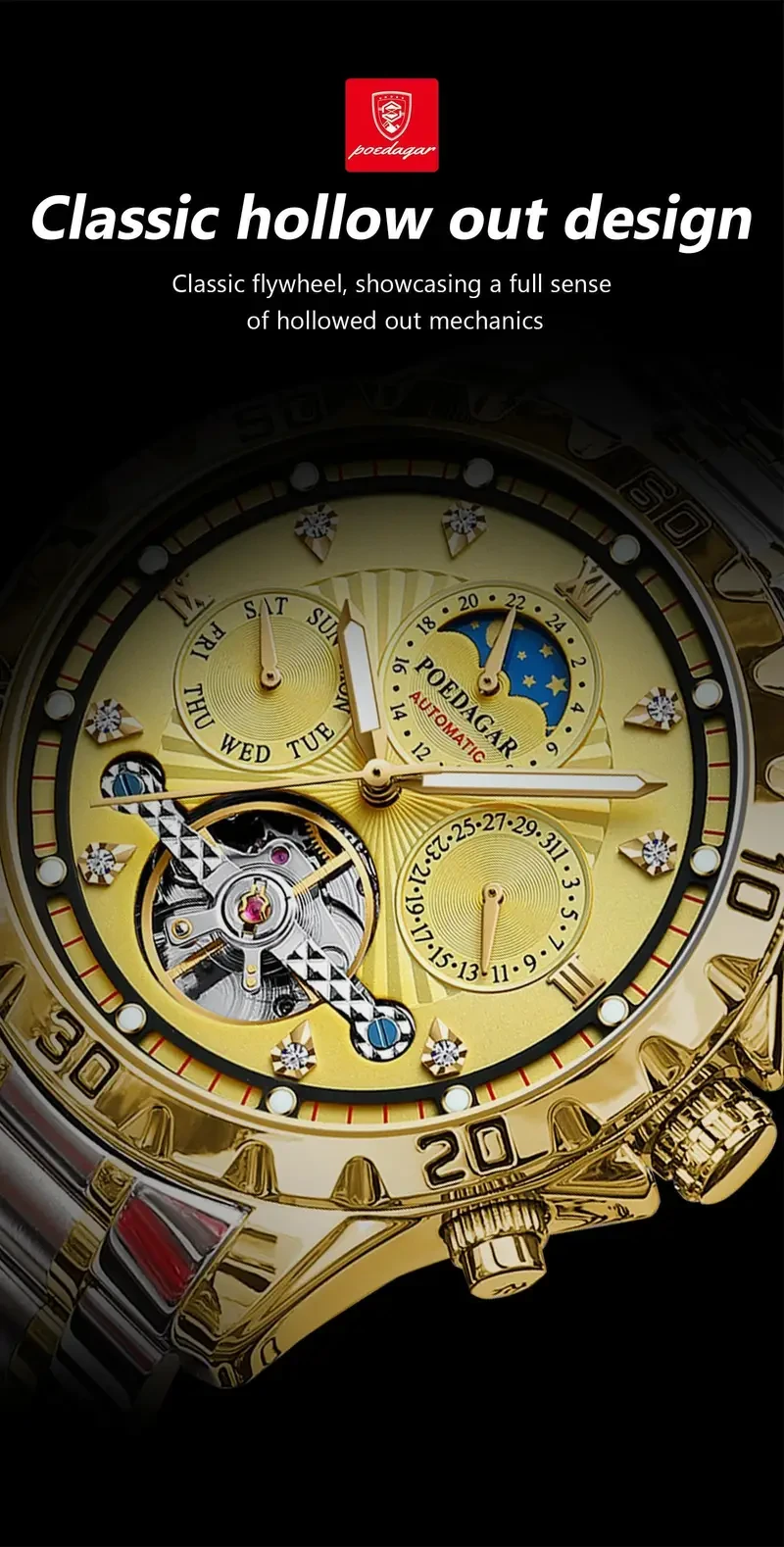 POEDAGAR Reloj mecánico automático de lujo Tourbillon Impermeable Luminoso Fecha Semana Reloj de pulsera para hombre Relojes de acero inoxidable para hombre