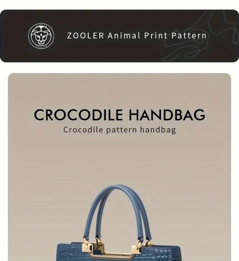 Bolso de mano Zooler con estampado de cocodrilo, bolso tote de lujo para mujer en color liso, elegante cartera de piel auténtica.