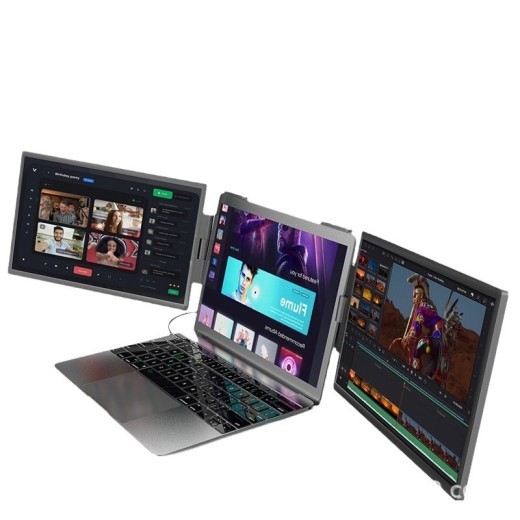 Monitor portátil de 14 pulgadas con pantalla dual y expansión externa para montaje en pared.