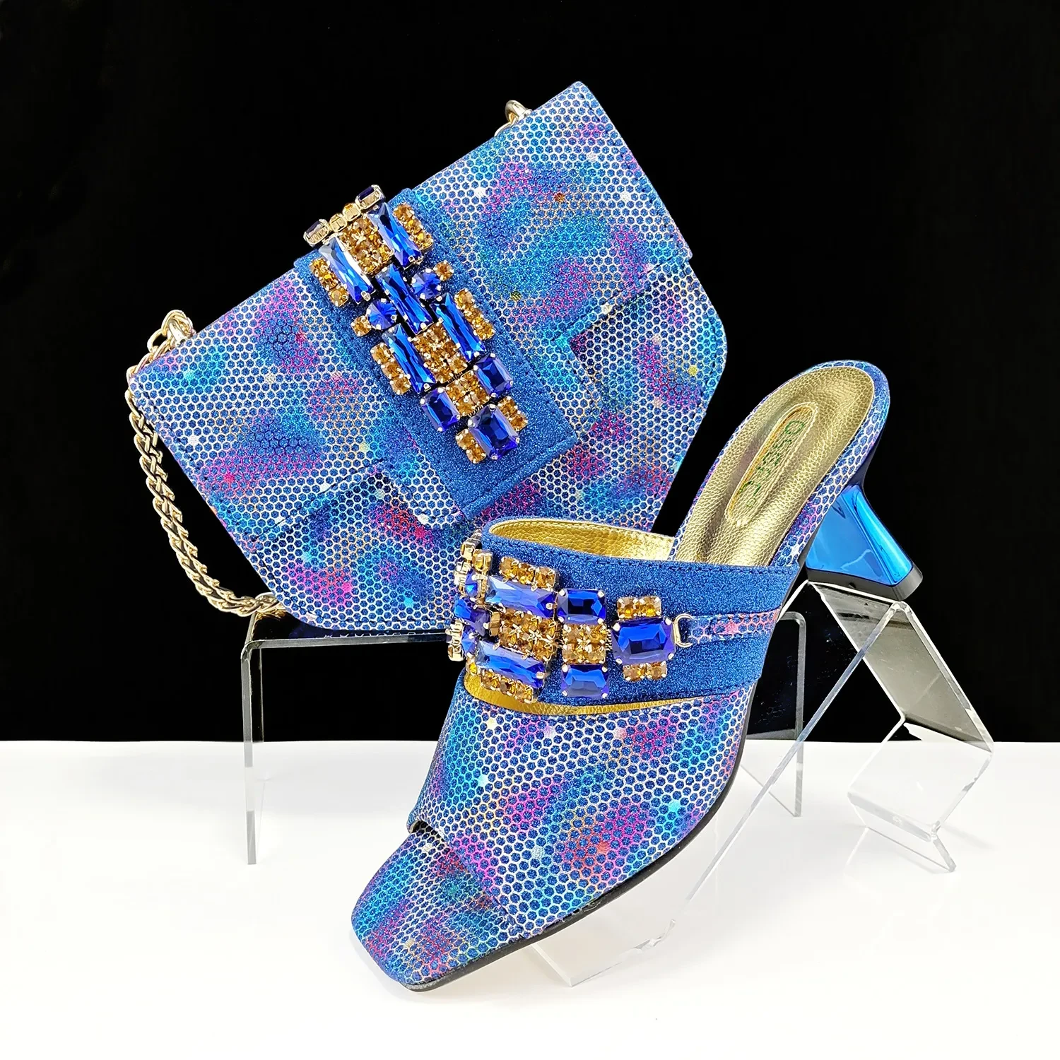 Zapatos y bolsos de mujer, traje de tela de camuflaje, hebilla decorativa, zapatillas informales de tacón alto