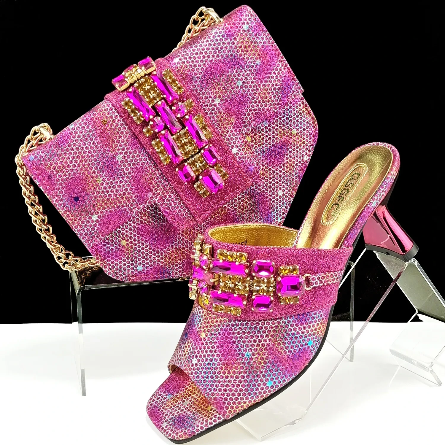 Zapatos y bolsos de mujer, traje de tela de camuflaje, hebilla decorativa, zapatillas informales de tacón alto