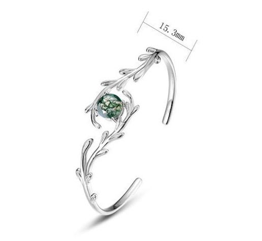 Pulsera de plata de ley con musgo verde, plantas acuáticas y ágata