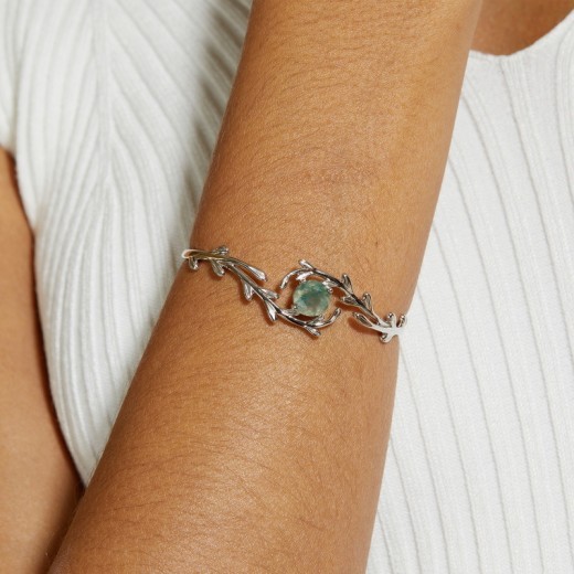 Pulsera de plata de ley con musgo verde, plantas acuáticas y ágata