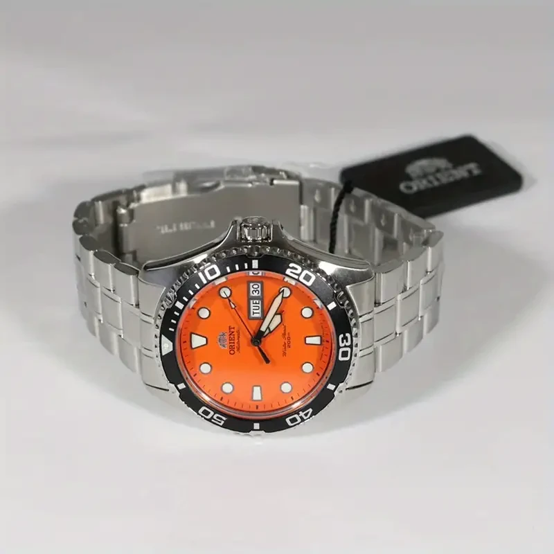 Reloj mecánico automático ORIENT Double Lion para hombre: luminoso, correa de acero inoxidable, esfera naranja deslumbrante, estilo profesional.