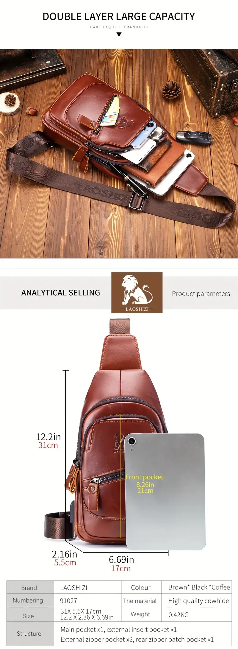 Bolso bandolera de cuero genuino premium para hombre con puerto de carga USB, correa ajustable, bandolera multibolsillos para aventuras al aire libre.