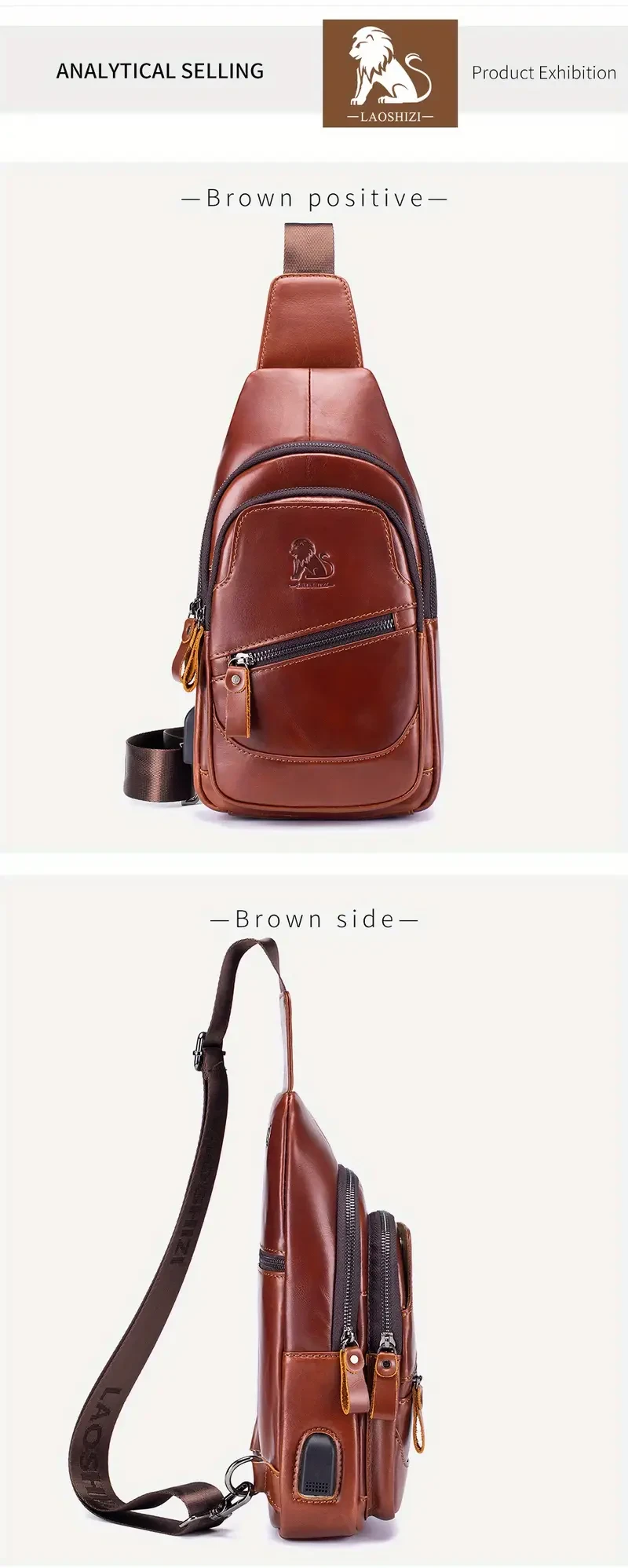 Bolso bandolera de cuero genuino premium para hombre con puerto de carga USB, correa ajustable, bandolera multibolsillos para aventuras al aire libre.