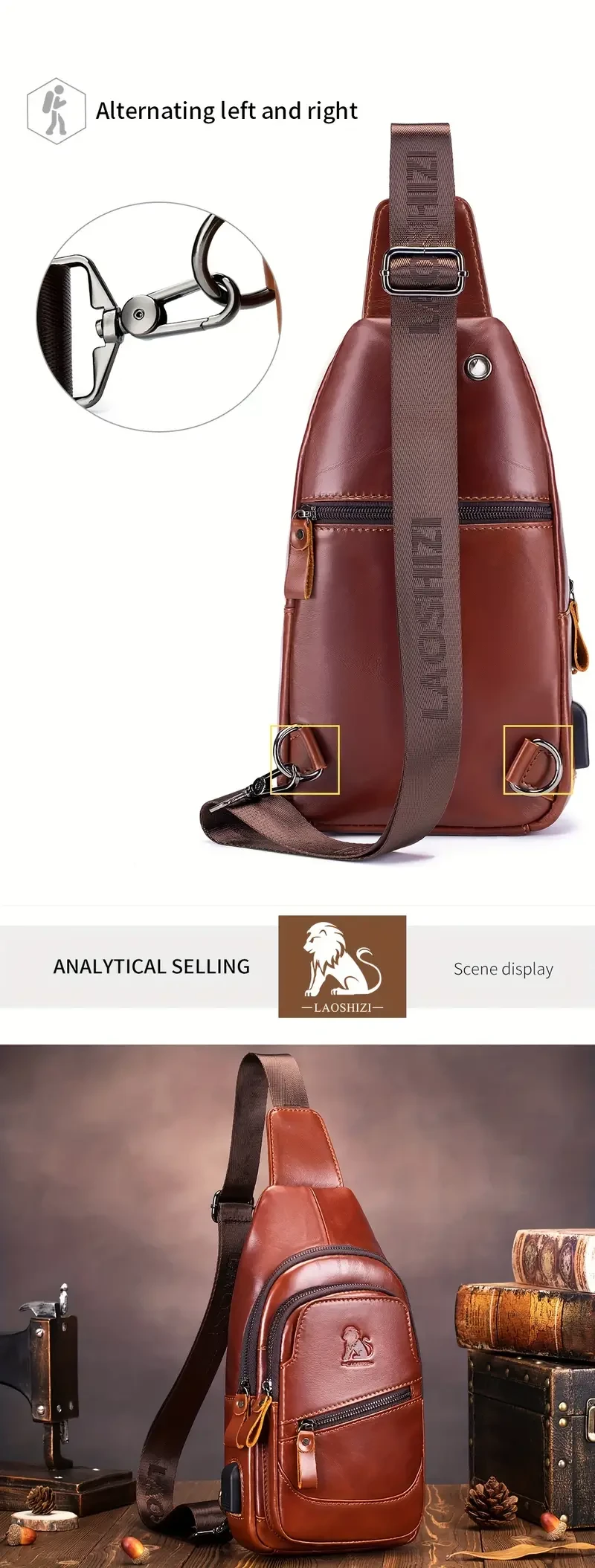 Bolso bandolera de cuero genuino premium para hombre con puerto de carga USB, correa ajustable, bandolera multibolsillos para aventuras al aire libre.