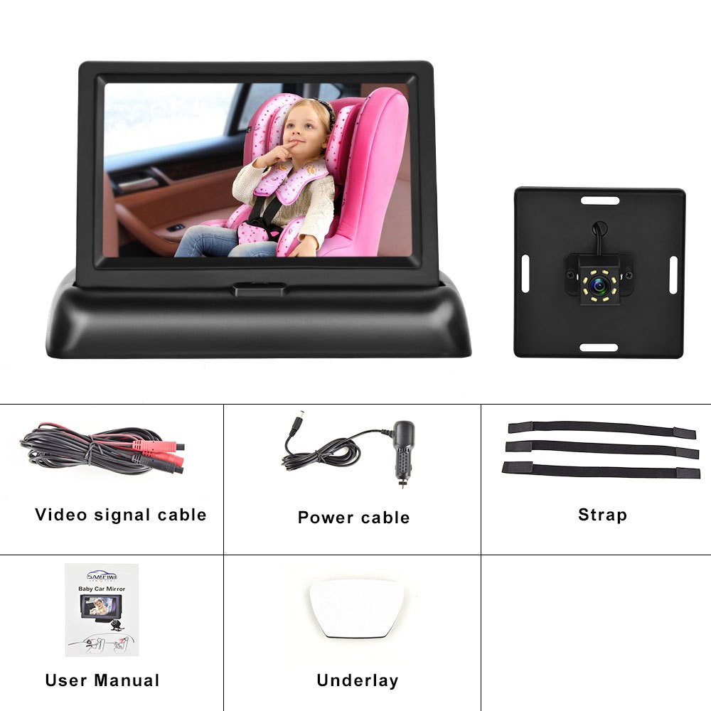 Pantalla plegable de 12-24 V para monitorizar imágenes de bebés en el coche con cable de alimentación para encendedor de cigarrillos, cámara de visión nocturna con ocho lámparas