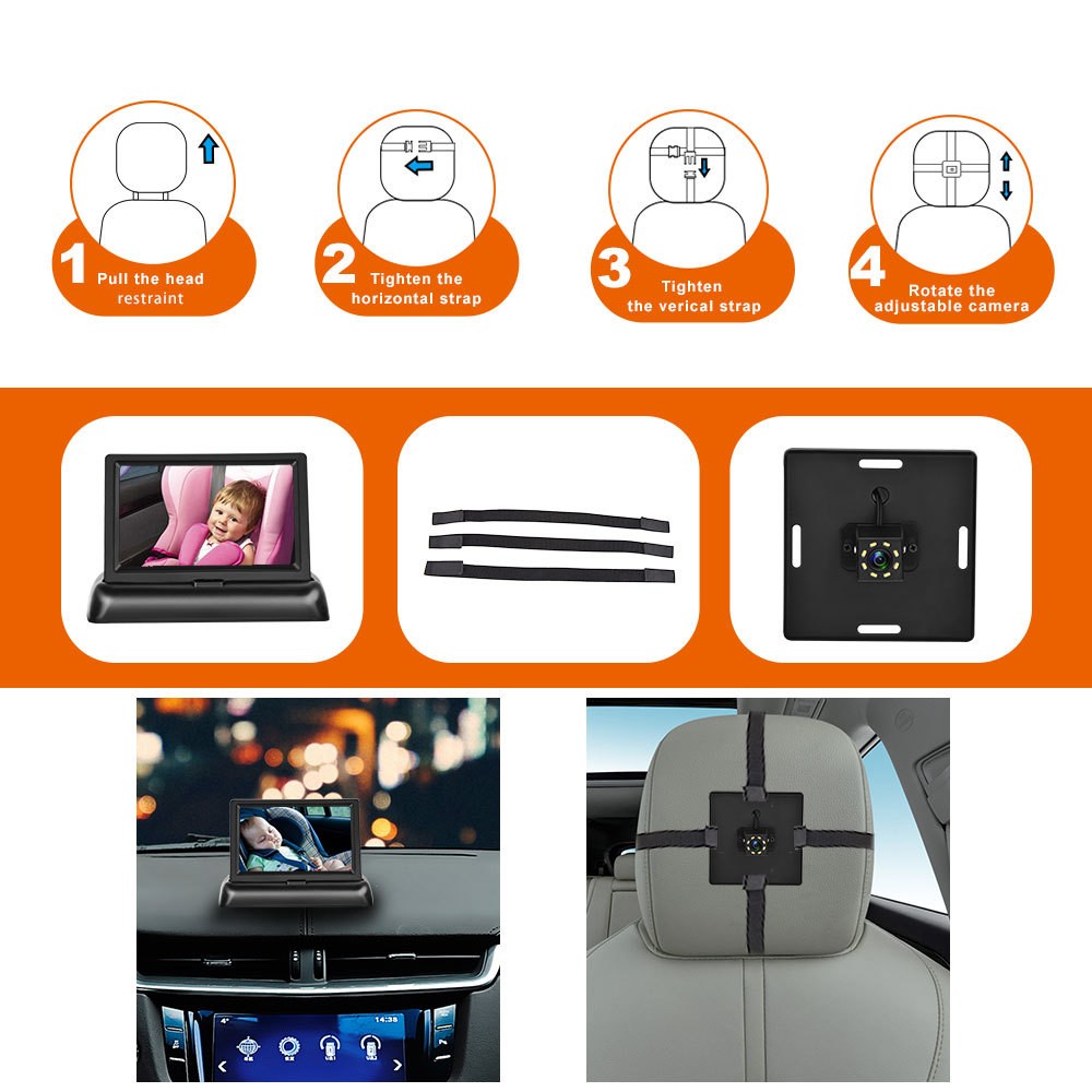 Pantalla plegable de 12-24 V para monitorizar imágenes de bebés en el coche con cable de alimentación para encendedor de cigarrillos, cámara de visión nocturna con ocho lámparas