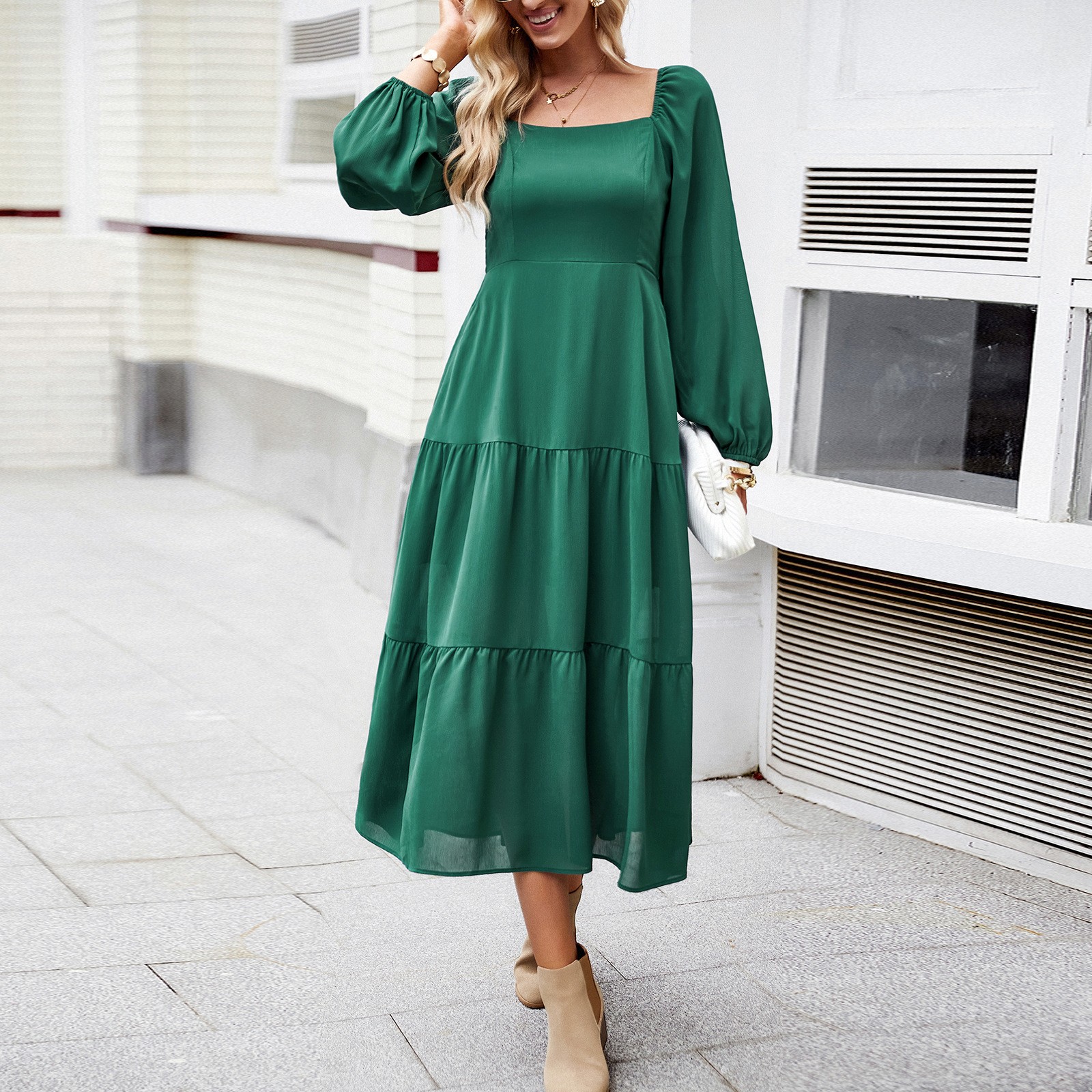 Square Collar Elegance: Timeless Temperament Dress for Women