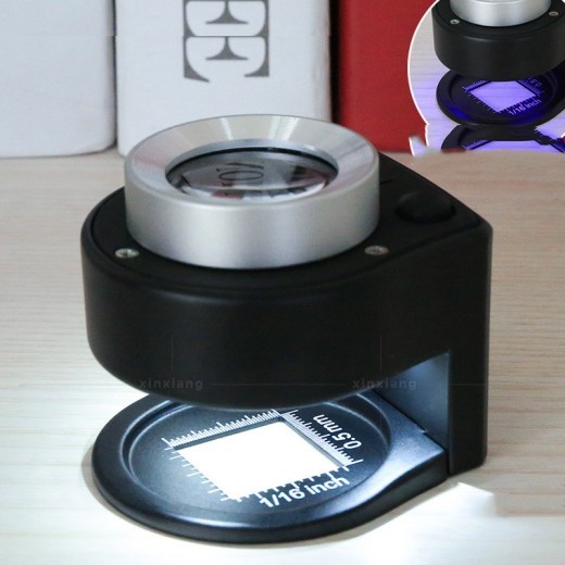 Espejo de tela con rejilla de impresión textil de metal de 30 aumentos, con ojo de paloma y luz detectora de dinero de 6 LED, lupa a escala A