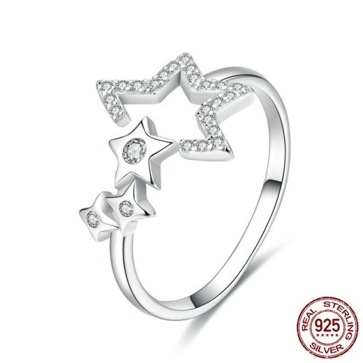 Anillo abierto de estrella de moda simple para mujer en plata de ley 925 con diamantes chapados en platino.