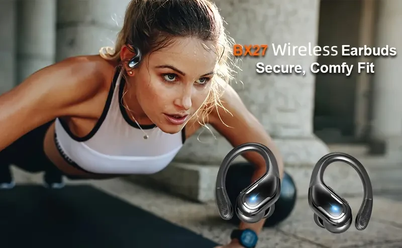 Auriculares inalámbricos para correr y hacer deporte, con ganchos para la oreja y graves puros, intraauriculares con pantalla LED dual, deportivos con micrófono integrado y cancelación de ruido.