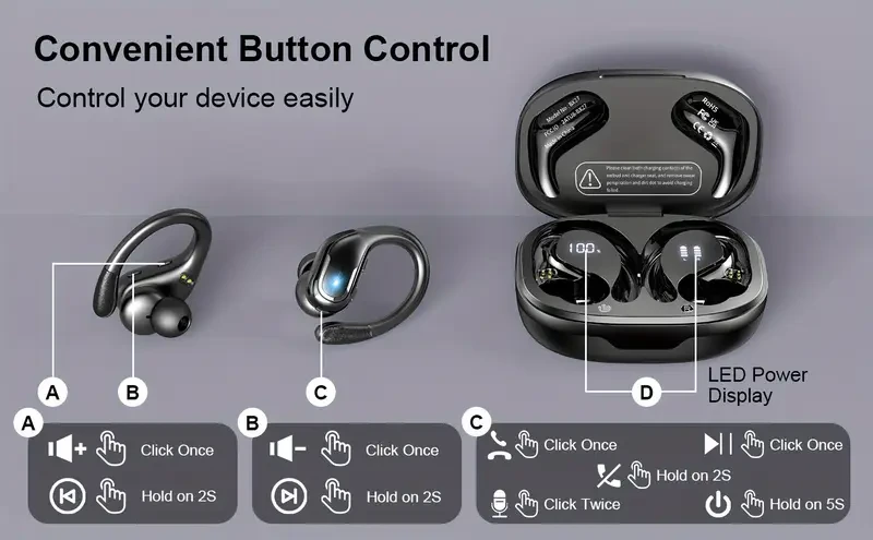 Auriculares inalámbricos para correr y hacer deporte, con ganchos para la oreja y graves puros, intraauriculares con pantalla LED dual, deportivos con micrófono integrado y cancelación de ruido.