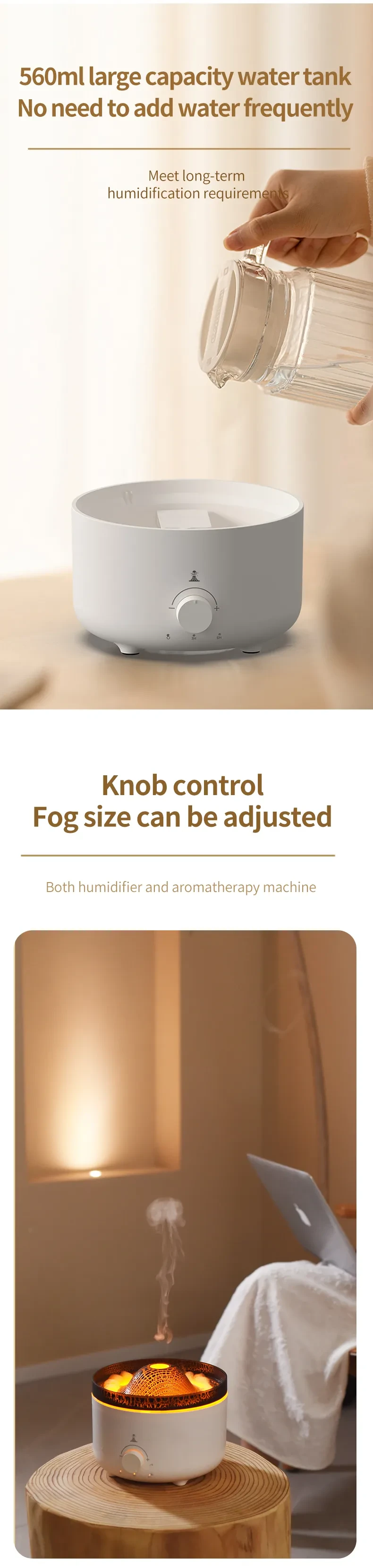 Humidificador de volcán con simulación de llama