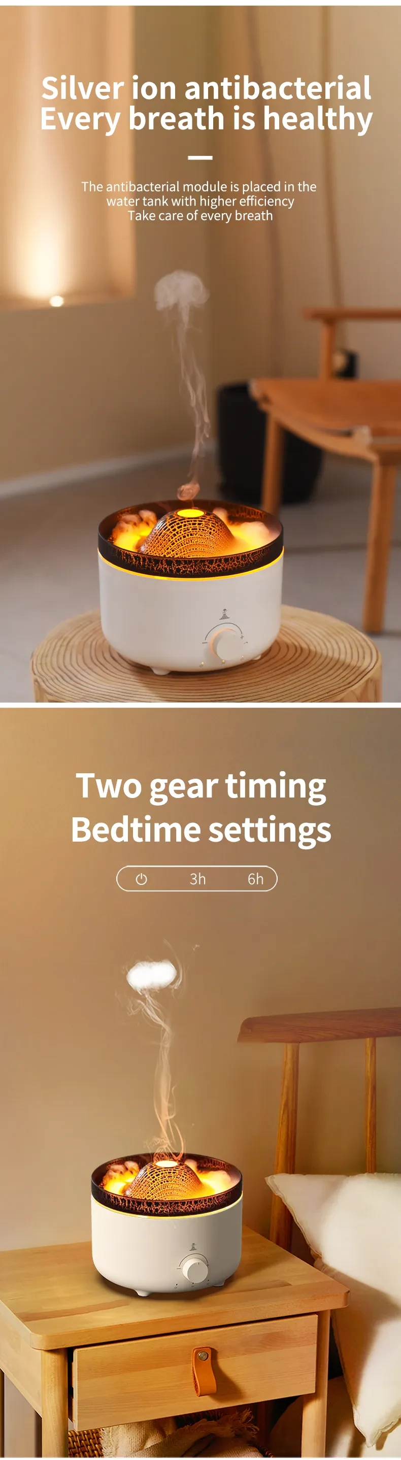 Humidificador de volcán con simulación de llama