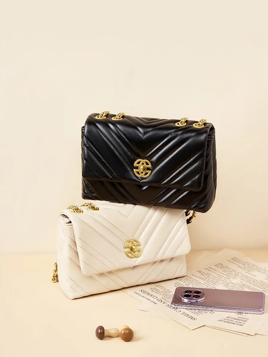 Bolso bandolera cuadrado de piel de vaca con cadena de diamantes para mujer