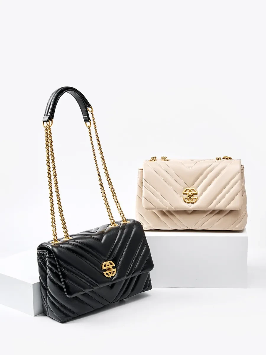 Bolso bandolera cuadrado de piel de vaca con cadena de diamantes para mujer