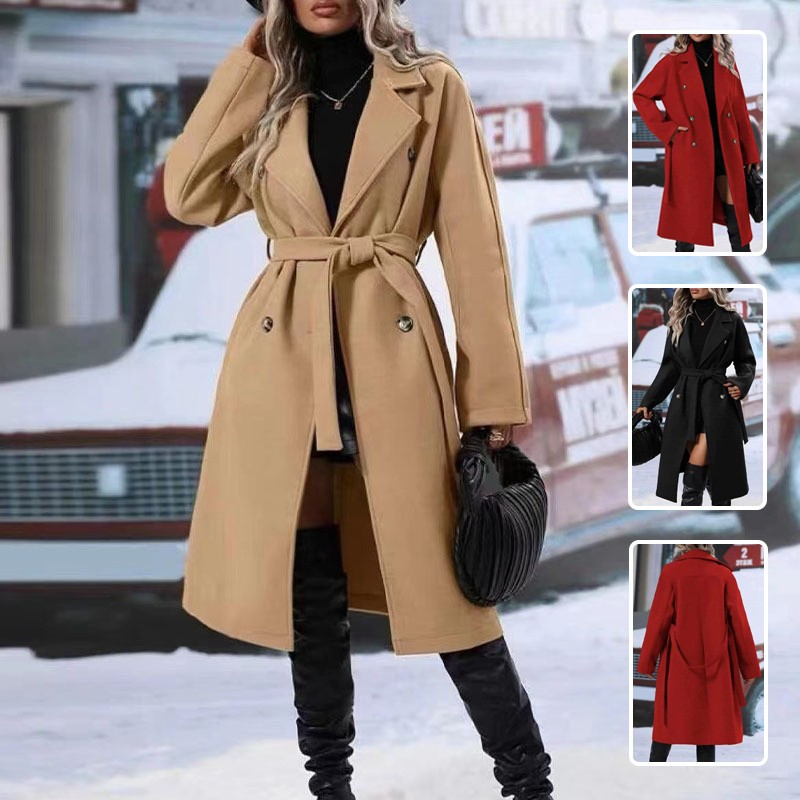 Gabardina cruzada con solapa y cinturón, chaqueta larga de color liso a la moda de invierno, ropa de abrigo para mujer