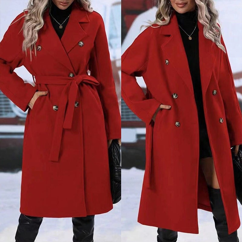 Gabardina cruzada con solapa y cinturón, chaqueta larga de color liso a la moda de invierno, ropa de abrigo para mujer