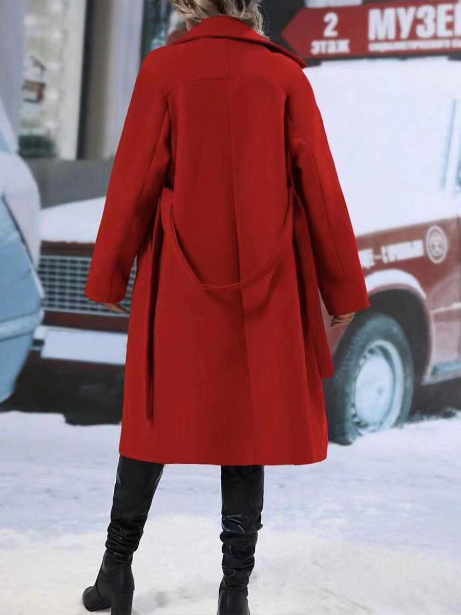 Gabardina cruzada con solapa y cinturón, chaqueta larga de color liso a la moda de invierno, ropa de abrigo para mujer