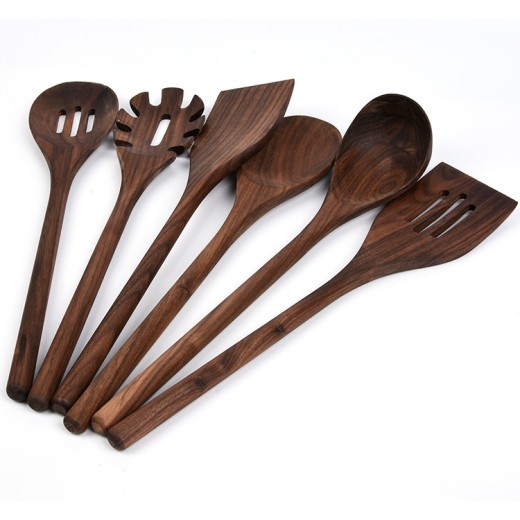 Nuevo juego de 6 utensilios de cocina de nogal negro, de madera maciza, para el hogar, con pala y cuchara de madera.