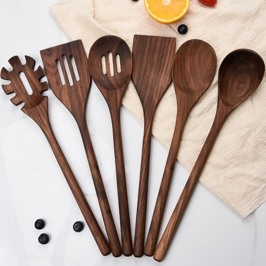 Nuevo juego de 6 utensilios de cocina de nogal negro, de madera maciza, para el hogar, con pala y cuchara de madera.