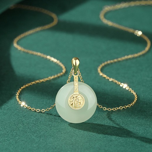 Nuevo collar de jade de campo y botón de la paz de Nafu para mujer, estilo retro chino, con carácter Fu, cadena de clavícula de oro de 18 quilates, estilo campestre, en plata de ley.