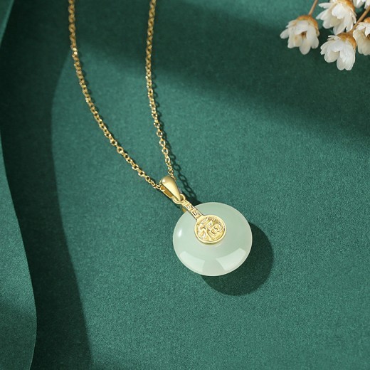 Nuevo collar de jade de campo y botón de la paz de Nafu para mujer, estilo retro chino, con carácter Fu, cadena de clavícula de oro de 18 quilates, estilo campestre, en plata de ley.