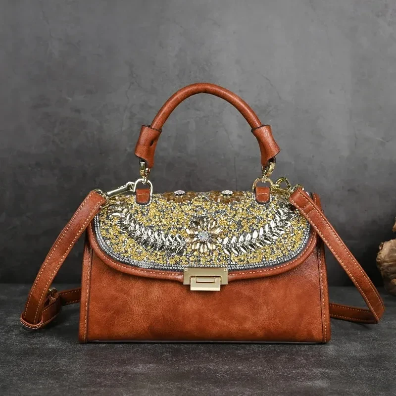 Bolso de hombro retro para mujer con incrustaciones de diamantes a mano