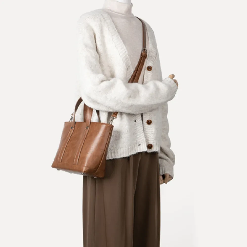 Bolso portátil de cuero con cera de aceite, sencillo, informal, estilo coreano, de gran capacidad