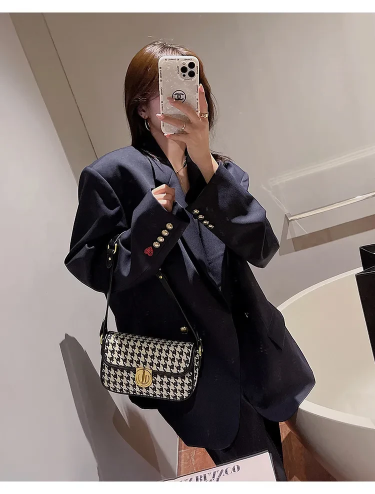 Bolso baguette de un solo hombro con diseño de pata de gallo para mujer