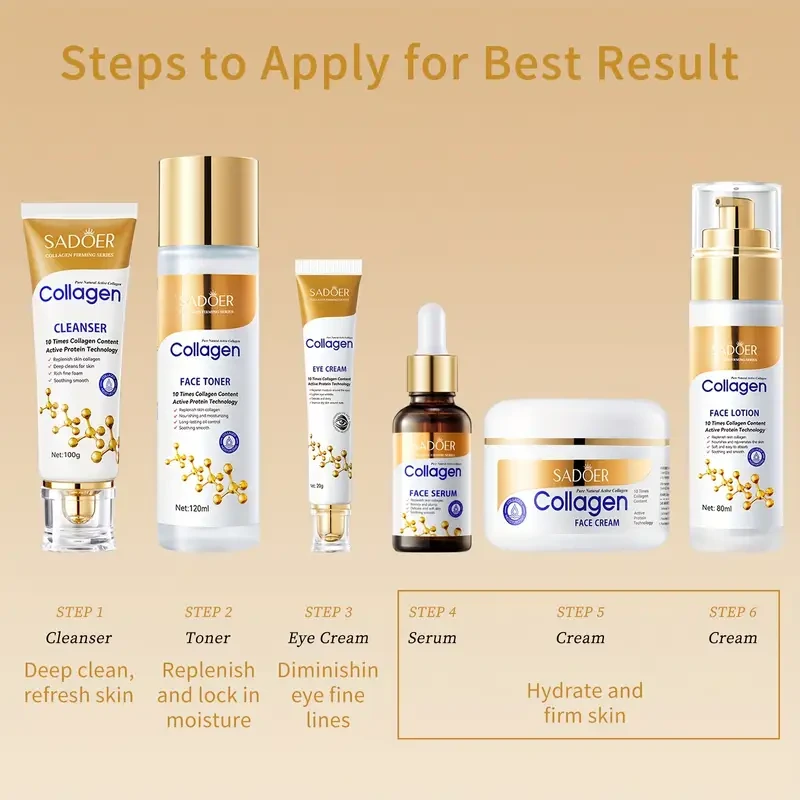 Set de cuidado facial con colágeno, 6 piezas para mujer, reafirmante, suave e hidratante. Incluye suero, crema facial, crema para ojos, tónico y loción limpiadora.