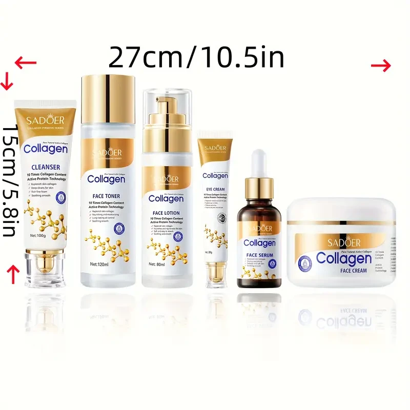 Set de cuidado facial con colágeno, 6 piezas para mujer, reafirmante, suave e hidratante. Incluye suero, crema facial, crema para ojos, tónico y loción limpiadora.