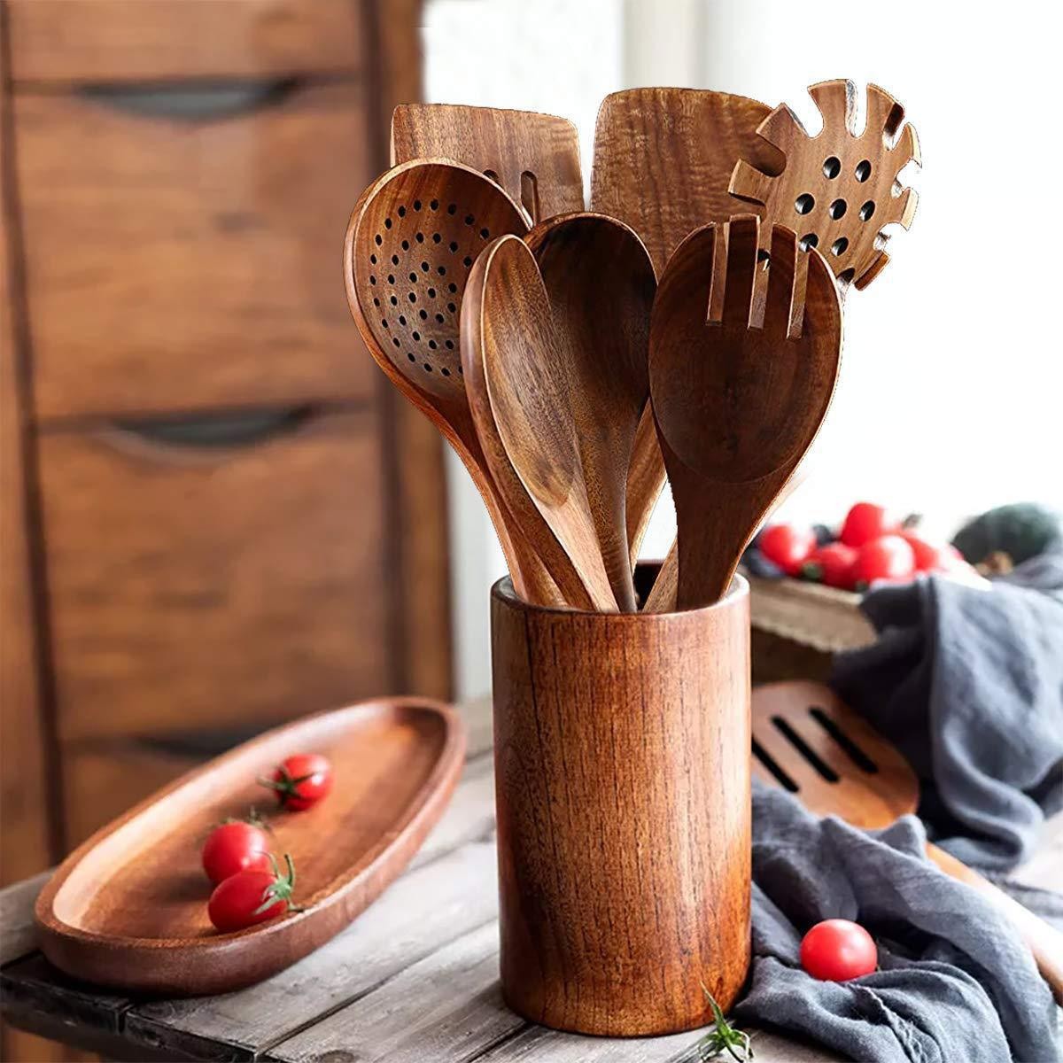 Utensilios de cocina de madera Juego de teca Cuchara de mango largo Colador de madera Espátula antiadherente