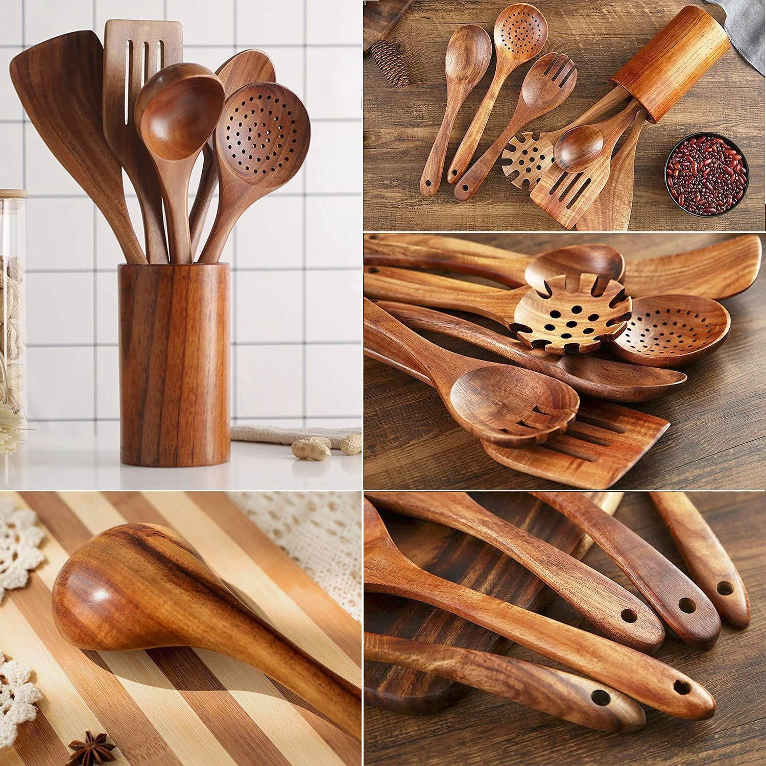 Utensilios de cocina de madera Juego de teca Cuchara de mango largo Colador de madera Espátula antiadherente