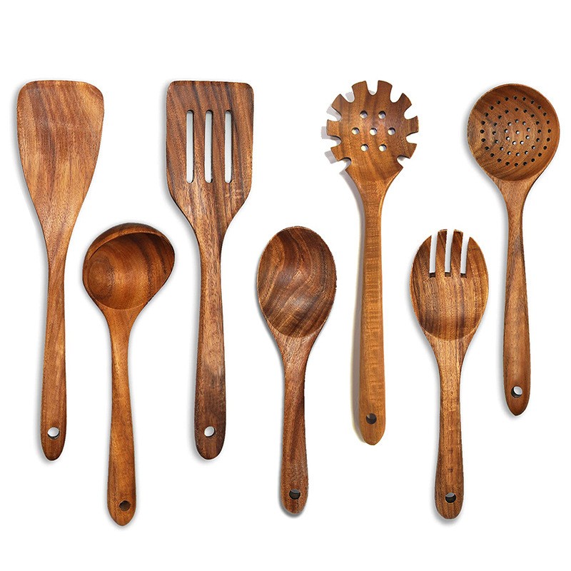 Utensilios de cocina de madera Juego de teca Cuchara de mango largo Colador de madera Espátula antiadherente