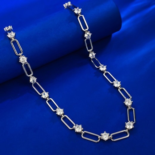 Collar con clip de plata S925 con diamantes redondos gemelos estilo Ins y cadena para clavícula