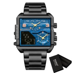 BOAMIGO - Nuevo reloj de lujo de marca superior para hombre, de acero inoxidable dorado, deportivo, cuadrado, digital, analógico, de cuarzo, grande