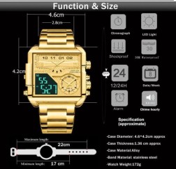 BOAMIGO - Nuevo reloj de lujo de marca superior para hombre, de acero inoxidable dorado, deportivo, cuadrado, digital, analógico, de cuarzo, grande
